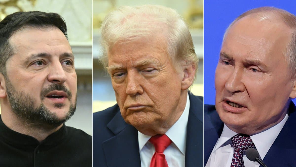 Esta combinación de imágenes creadas el 18 de marzo de 2025 muestra, de izquierda a derecha, al presidente de Ucrania, Volodymyr Zelensky, en el Despacho Oval de la Casa Blanca en Washington, DC, el 28 de febrero de 2025, al presidente estadounidense, Donald Trump, en el Despacho Oval de la Casa Blanca en Washington, DC, el 28 de febrero de 2025, y al presidente ruso, Vladimir Putin, en Moscú, el 18 de marzo de 2025. Trump y Putin acordaron el 18 de marzo de 2025 el cese de los ataques rusos contra objetivos energéticos ucranianos, pero no llegaron a un alto el fuego total en una esperada llamada telefónica. Los líderes estadounidense y ruso hablaron durante más de hora y media y ambos expresaron sus esperanzas de reparar las relaciones entre los países.