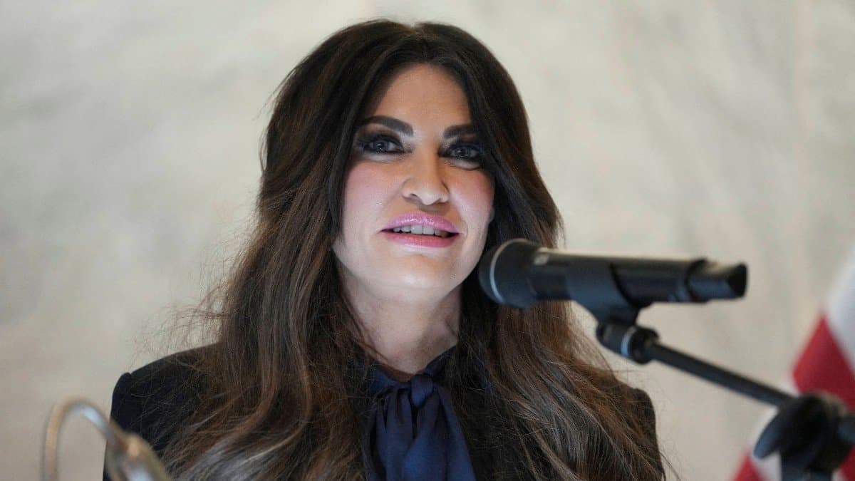 US Ambassador to Greece Kimberly Guilfoyle speaks during a dedication ceremony at the chancery of the US Embassy in Athens, on October 7, 2026. (Photo by Mark Schiefelbein / POOL / AFP)